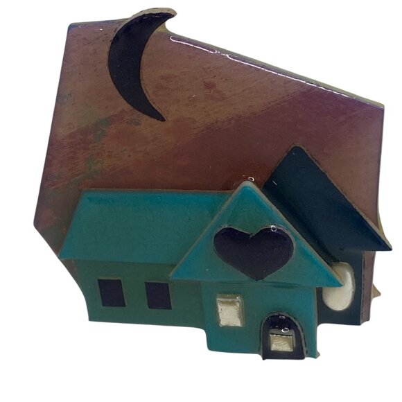 Lucinda House Pin Brooch Teal House Heart Crescent Moon No Tag Vintage 90's - Picture 2 of 4